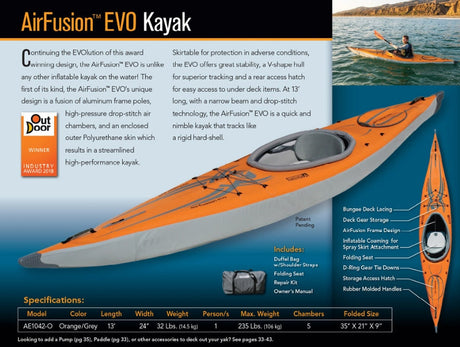 AirFusion EVO luftkajak från Advanced Elements uppställd vid vattnet – smal och sportig design för effektiv paddling