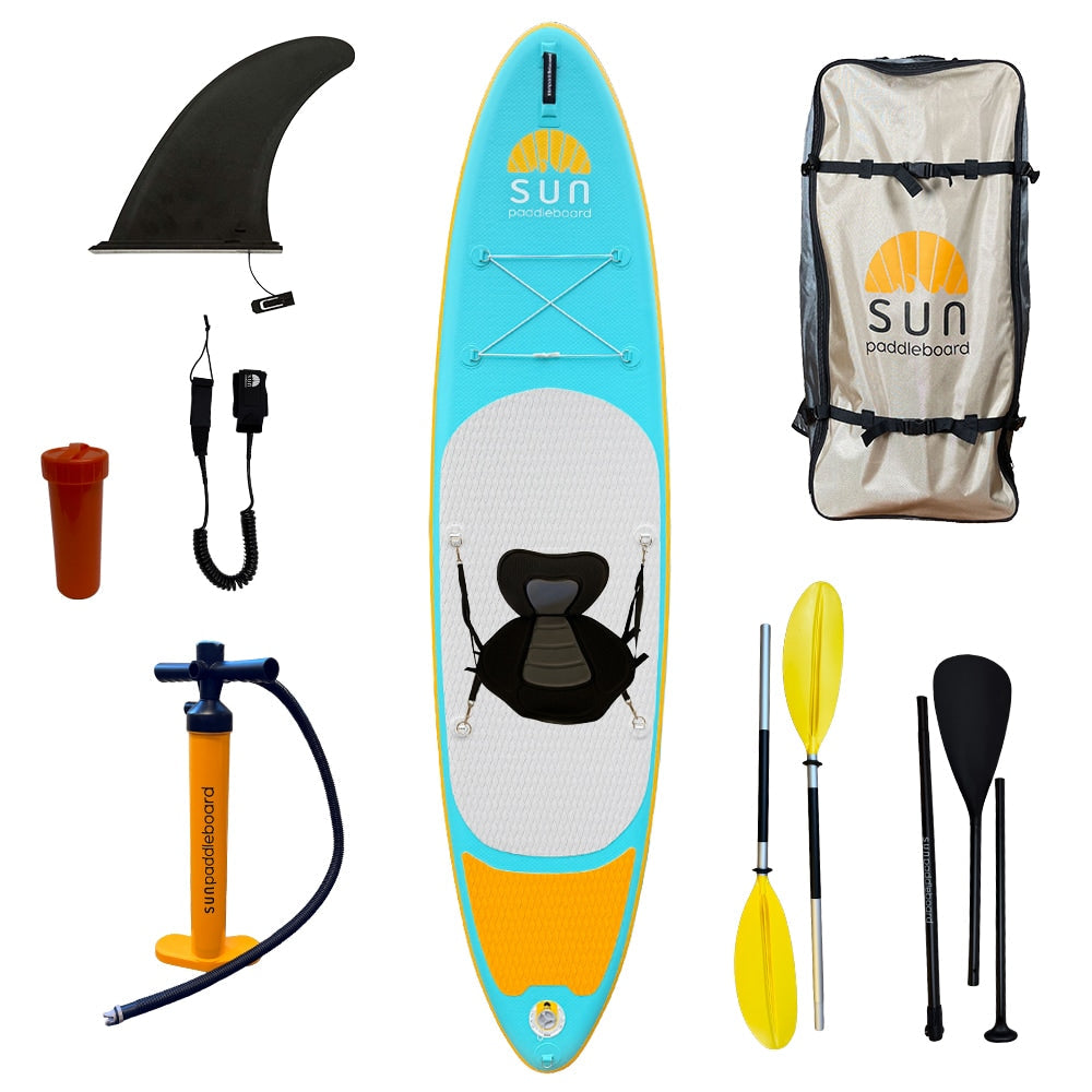Sunny 10.8 turkos SUP med alla tillbehör – paddel, väska, pump, sits och kajakpaddel