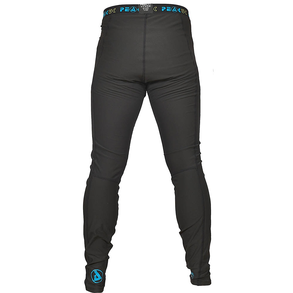 Svarta, åtsittande underställsbyxor/leggings från Peak UK. Visar blå logotypdetaljer på linning och vrist
