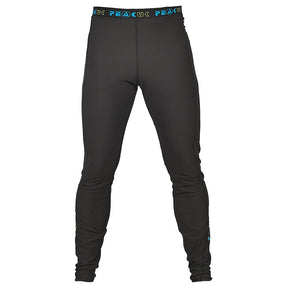 Svarta, åtsittande underställsbyxor/leggings från Peak UK. Visar blå logotypdetaljer på linning och vrist
