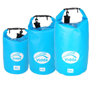 Vidda Drybag kit med tre vattentäta påsar för torrförvaring i storlekarna 5, 10 och 20 liter, perfekt för packpåse kajak