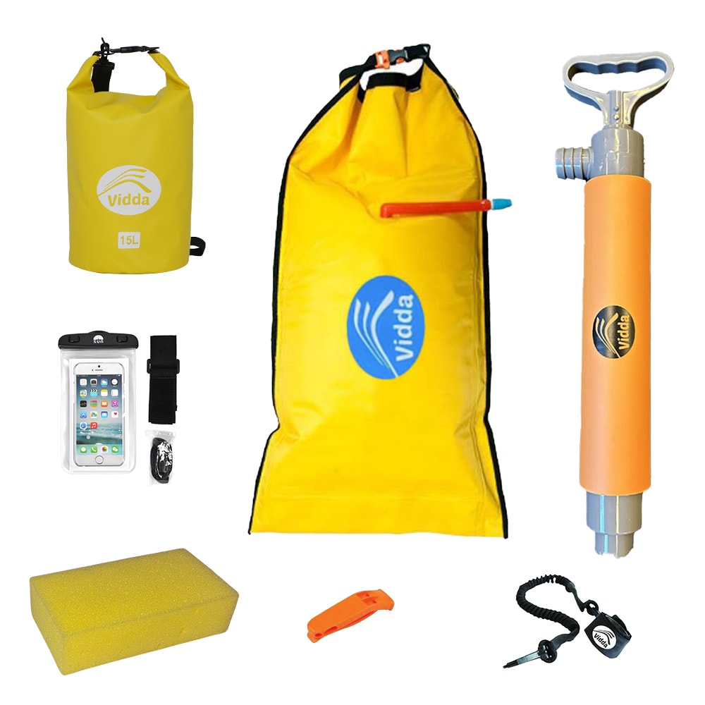 Komplett säkerhetspaket för kajakpaddling med uppblåsbar flottör, länspump, visselpipa, paddle leash, kajaksvamp, vattentätt mobilfodral och 15L drybag – allt du behöver för trygg paddling