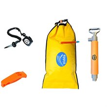 Kajakens säkerhetspaket med uppblåsbar flottör, länspump, paddle leash och visselpipa – komplett kit för trygg paddling, särskilt för ensamkajakpaddlare